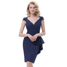 Belle Poque Retro Vintage 1950s Cap Sleeve V-Neck Hips-Wrapped Bodycon Pencil Navy Blue Dress BP000301-1